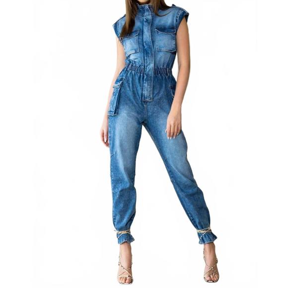 NEW VIBRANT M.I.U cargo cool denim jumpsuit in medium stone - Picture 1 of 3